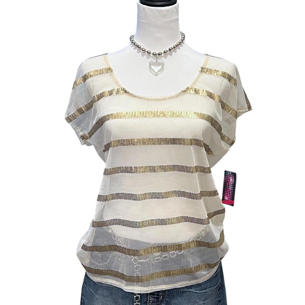 y2k sheer mesh top with gold sequin stripes